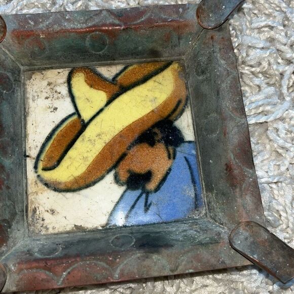 VINTAGE CIASA BRASS COPPER ASHTRAY WITH TILE CENTER - Picture 7 of 11